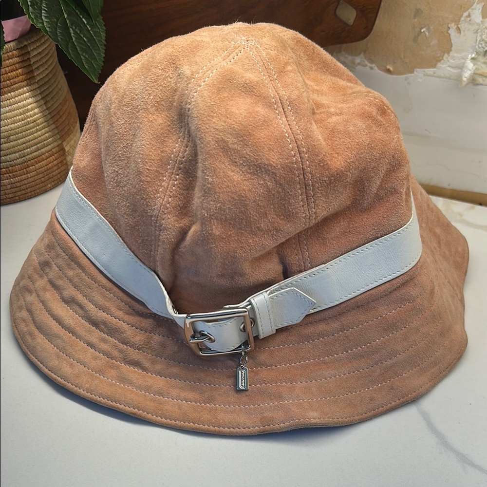 Coach Suede Bucket Hat with White Leather Band